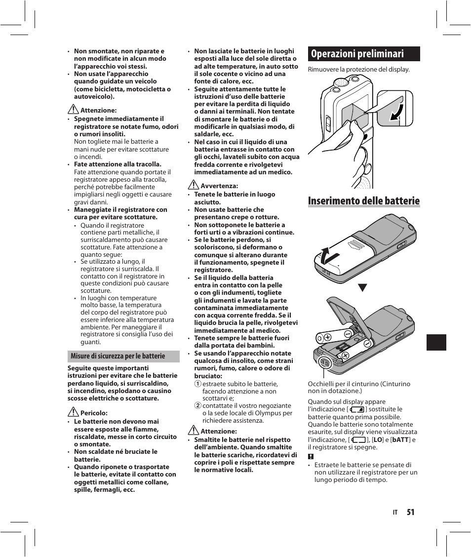 Operazioni preliminari, Inserimento delle batterie | Olympus VN-750 User Manual | Page 51 / 92