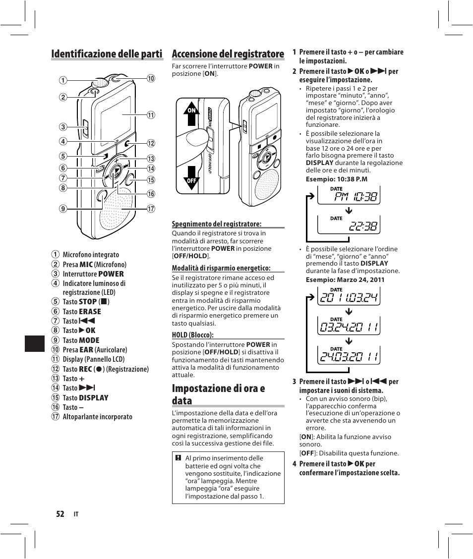 Identificazione delle parti, Accensione del registratore, Impostazione di ora e data | Olympus VN-750 User Manual | Page 52 / 92