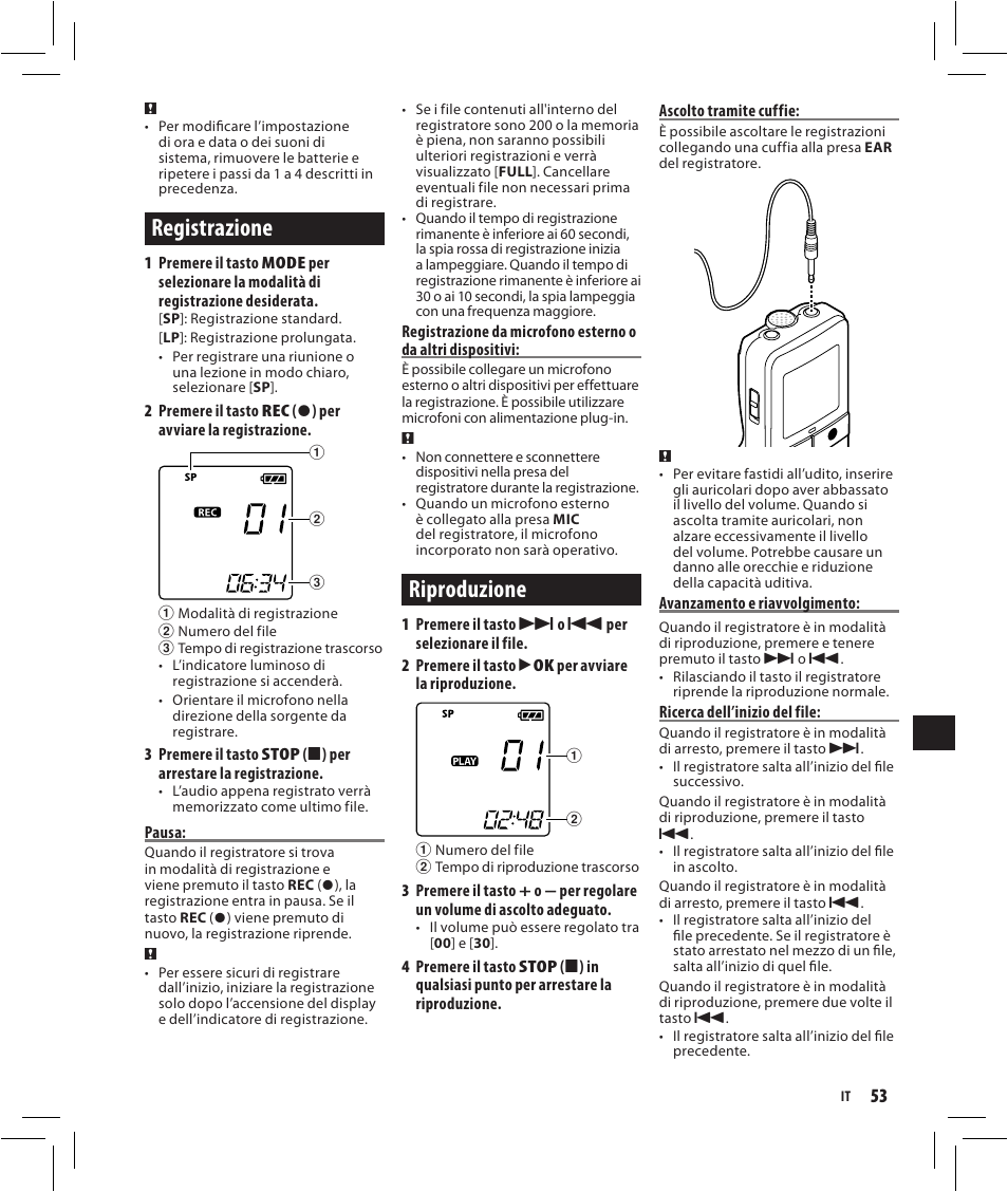 Registrazione, Riproduzione | Olympus VN-750 User Manual | Page 53 / 92
