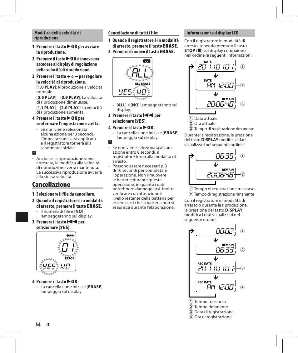 Cancellazione | Olympus VN-750 User Manual | Page 54 / 92
