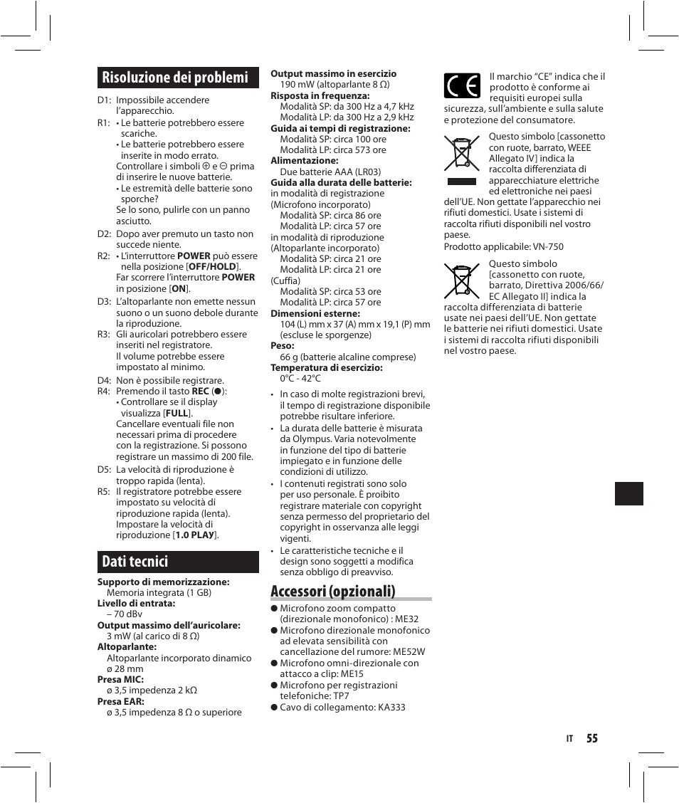 Risoluzione dei problemi, Dati tecnici, Accessori (opzionali) | Olympus VN-750 User Manual | Page 55 / 92