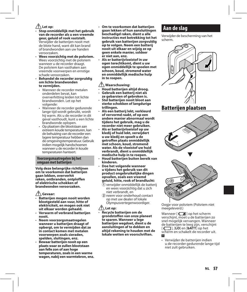 Aan de slag, Batterijen plaatsen | Olympus VN-750 User Manual | Page 57 / 92