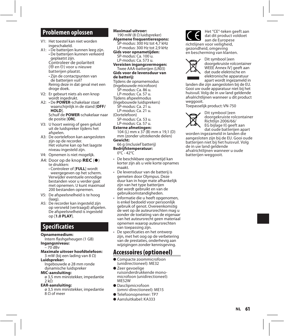 Problemen oplossen, Specificaties, Accessoires (optioneel) | Olympus VN-750 User Manual | Page 61 / 92