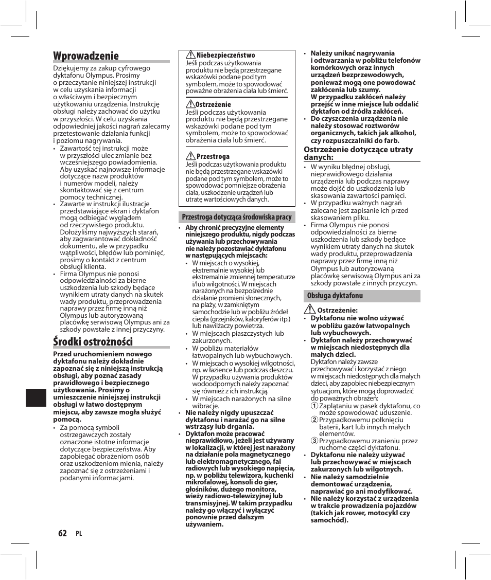 Wprowadzenie, Środki ostrożności | Olympus VN-750 User Manual | Page 62 / 92