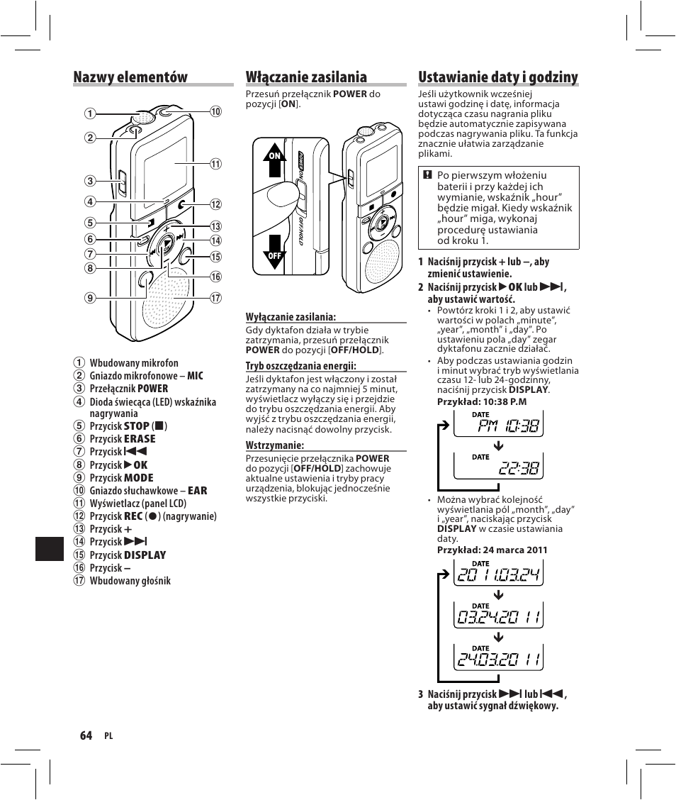 Nazwy elementów, Włączanie zasilania, Ustawianie daty i godziny | Olympus VN-750 User Manual | Page 64 / 92
