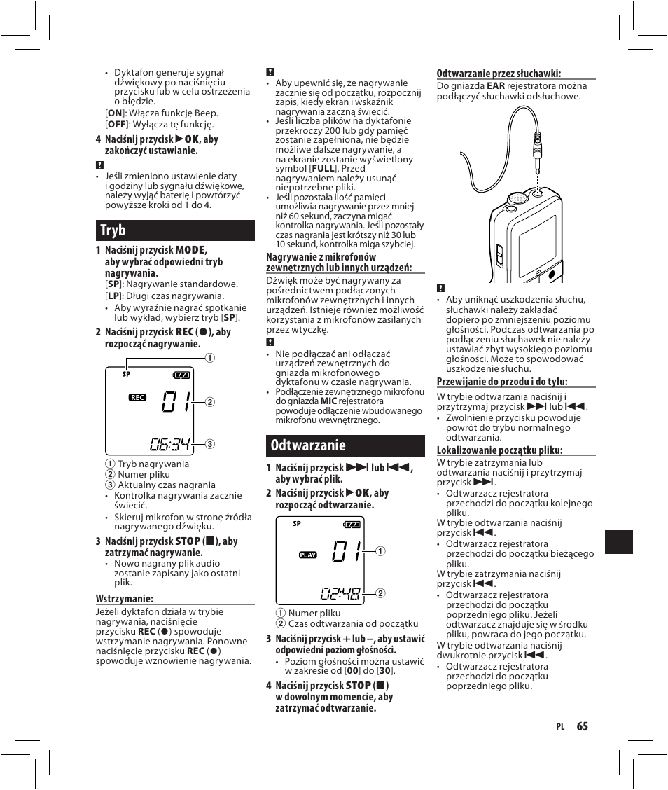Tryb, Odtwarzanie | Olympus VN-750 User Manual | Page 65 / 92