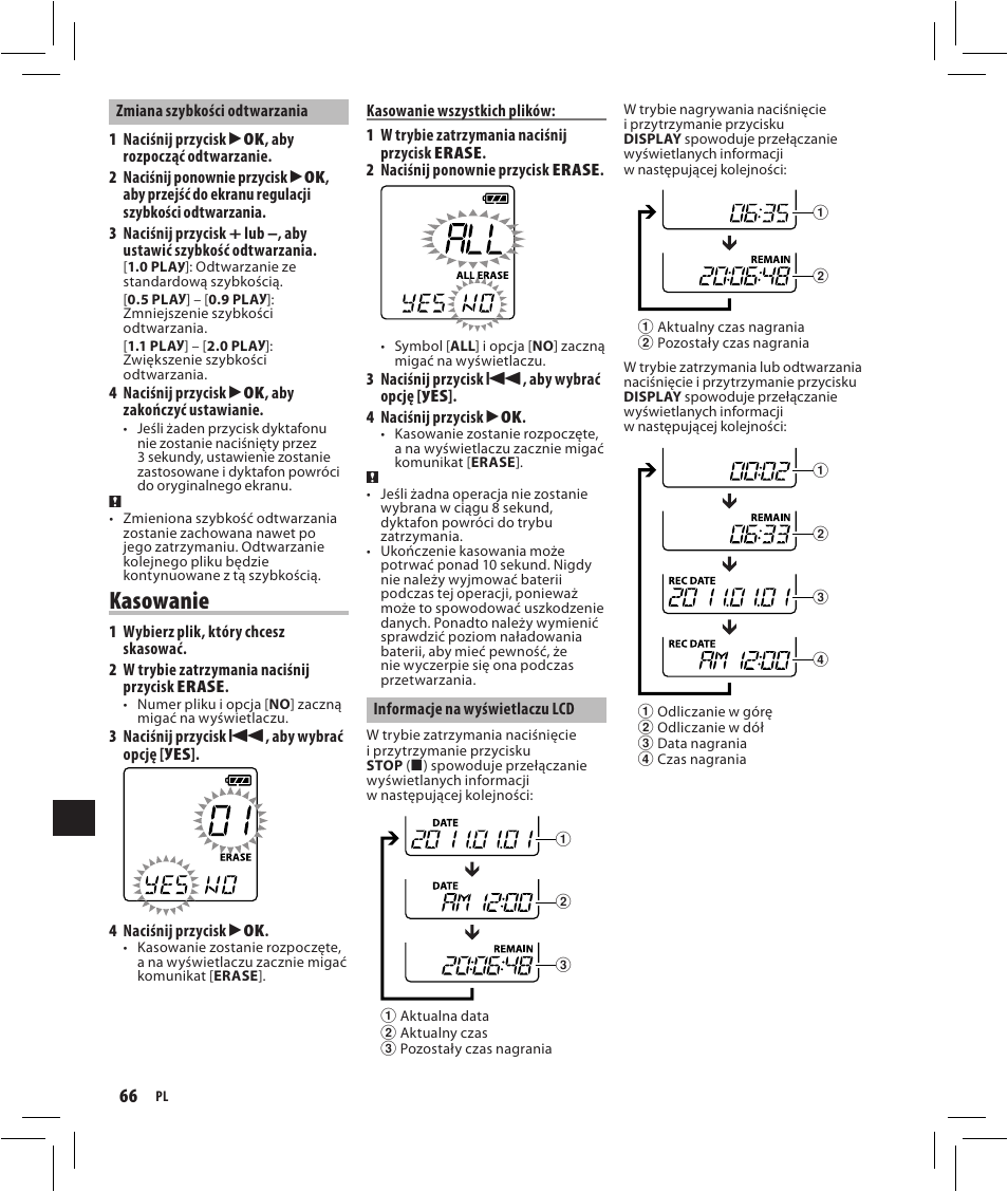 Kasowanie | Olympus VN-750 User Manual | Page 66 / 92