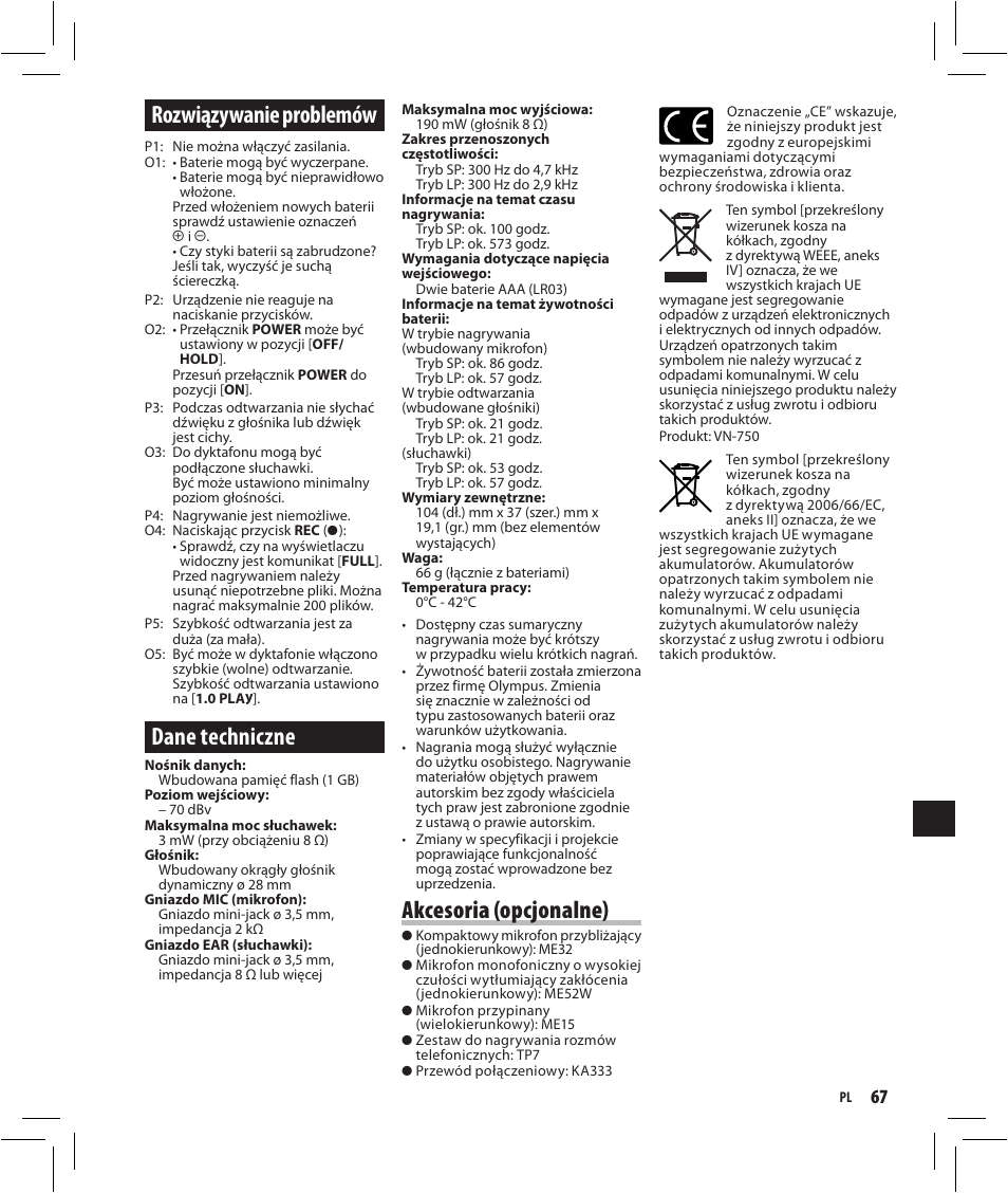 Rozwiązywanie problemów, Dane techniczne, Akcesoria (opcjonalne) | Olympus VN-750 User Manual | Page 67 / 92