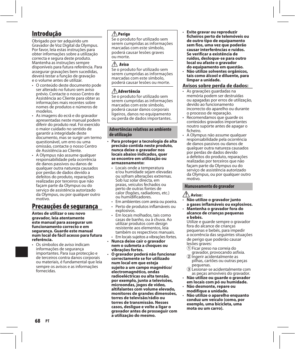 Introdução, Precauções de segurança | Olympus VN-750 User Manual | Page 68 / 92