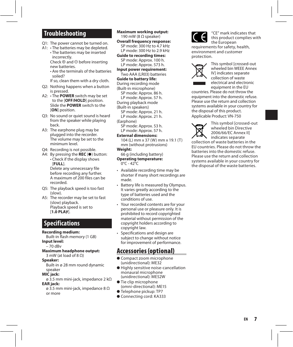Troubleshooting, Specifications, Accessories (optional) | Olympus VN-750 User Manual | Page 7 / 92