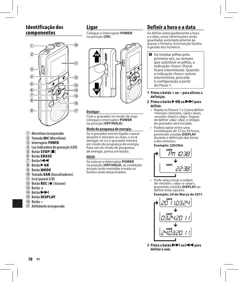 Identificação dos componentes, Ligar, Definir a hora e a data | Olympus VN-750 User Manual | Page 70 / 92
