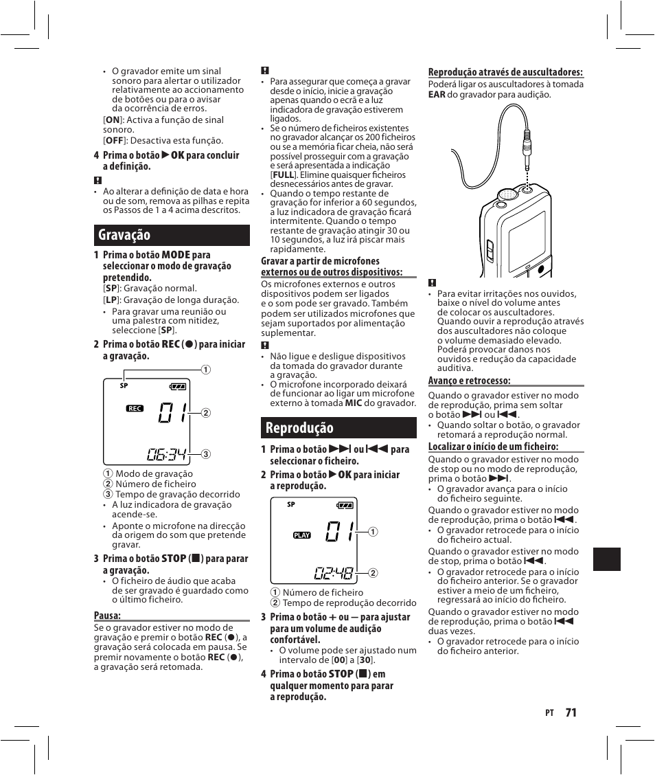 Gravação, Reprodução | Olympus VN-750 User Manual | Page 71 / 92