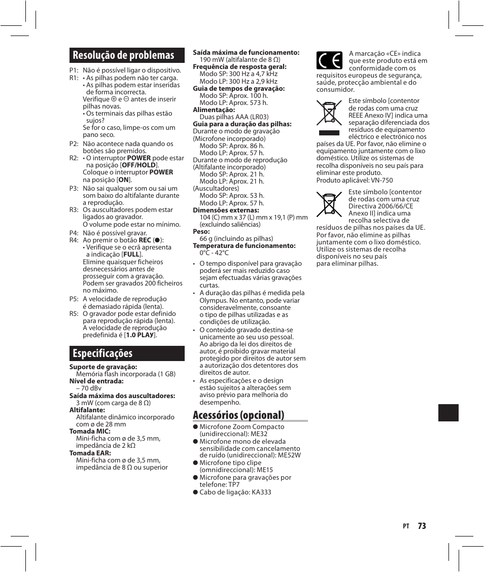 Resolução de problemas, Especificações, Acessórios (opcional) | Olympus VN-750 User Manual | Page 73 / 92