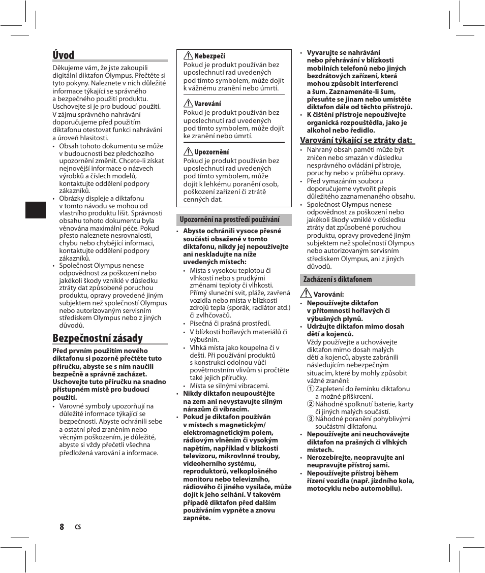 Úvod, Bezpečnostní zásady | Olympus VN-750 User Manual | Page 8 / 92
