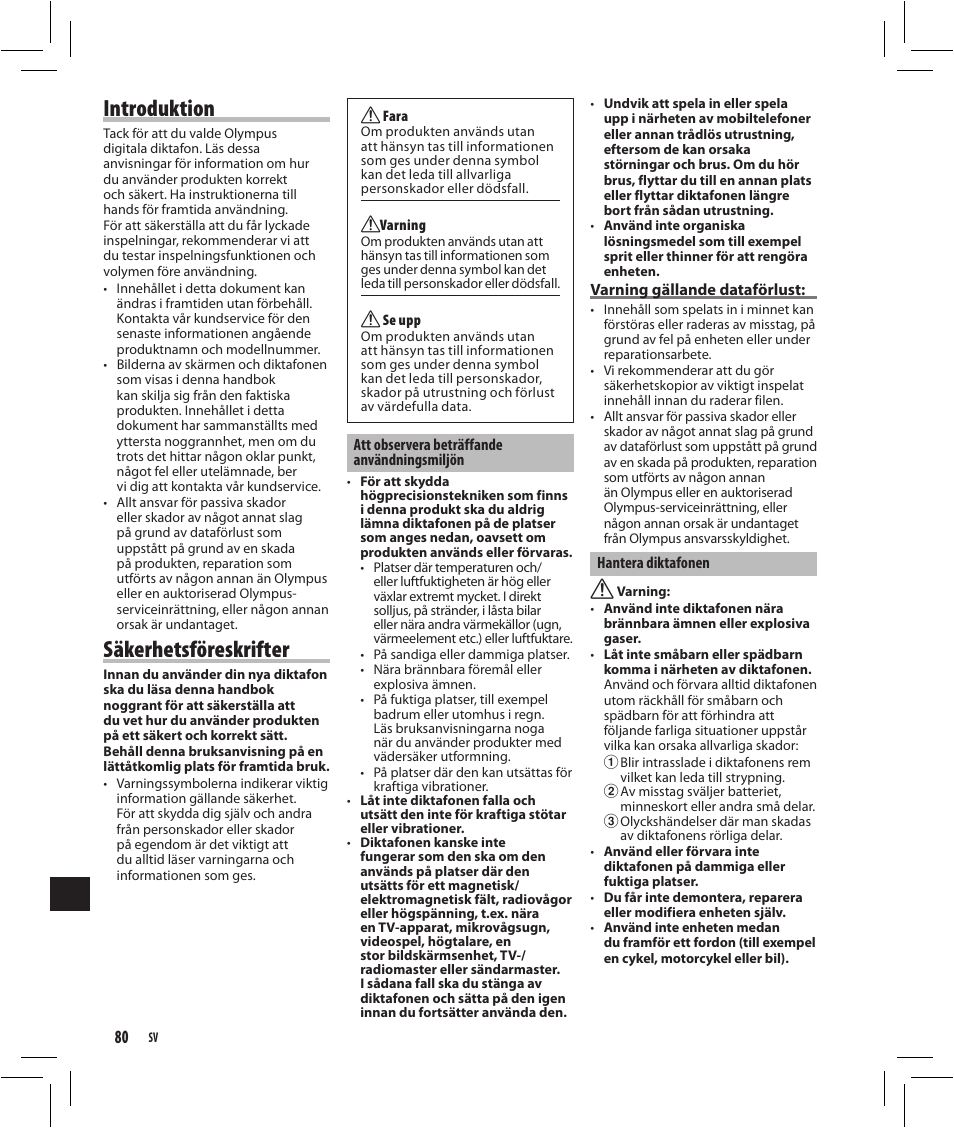 Introduktion, Säkerhetsföreskrifter | Olympus VN-750 User Manual | Page 80 / 92