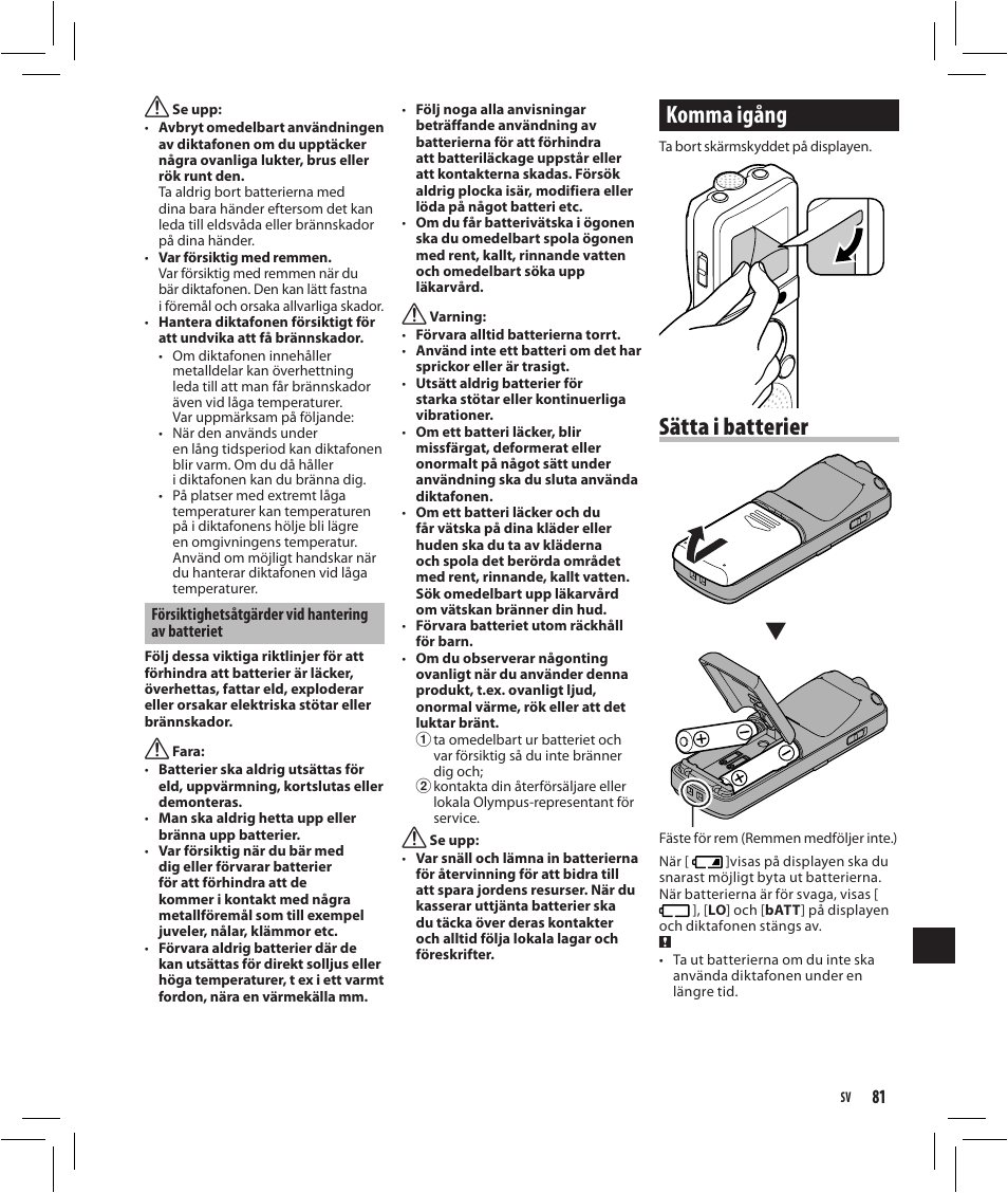 Komma igång, Sätta i batterier | Olympus VN-750 User Manual | Page 81 / 92