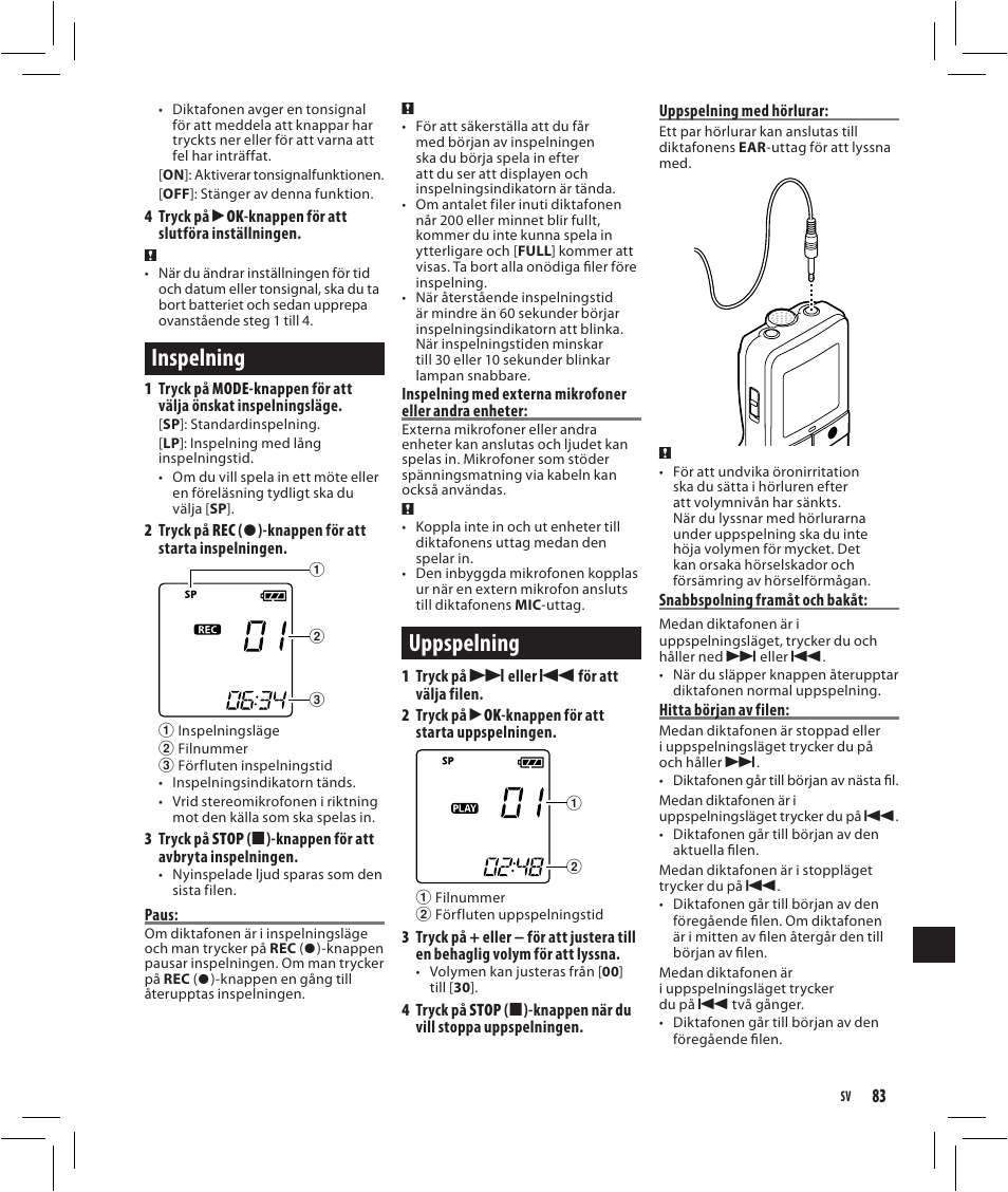 Inspelning, Uppspelning | Olympus VN-750 User Manual | Page 83 / 92