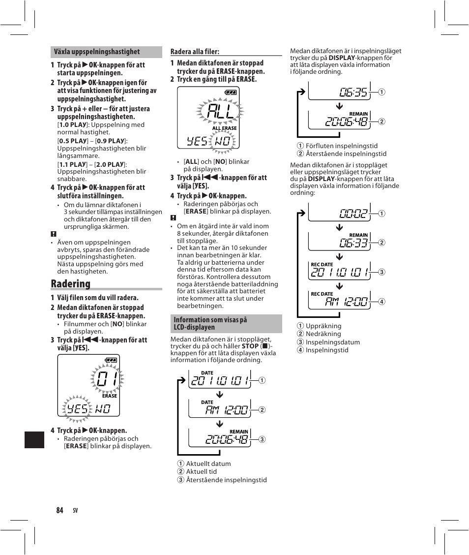 Radering | Olympus VN-750 User Manual | Page 84 / 92