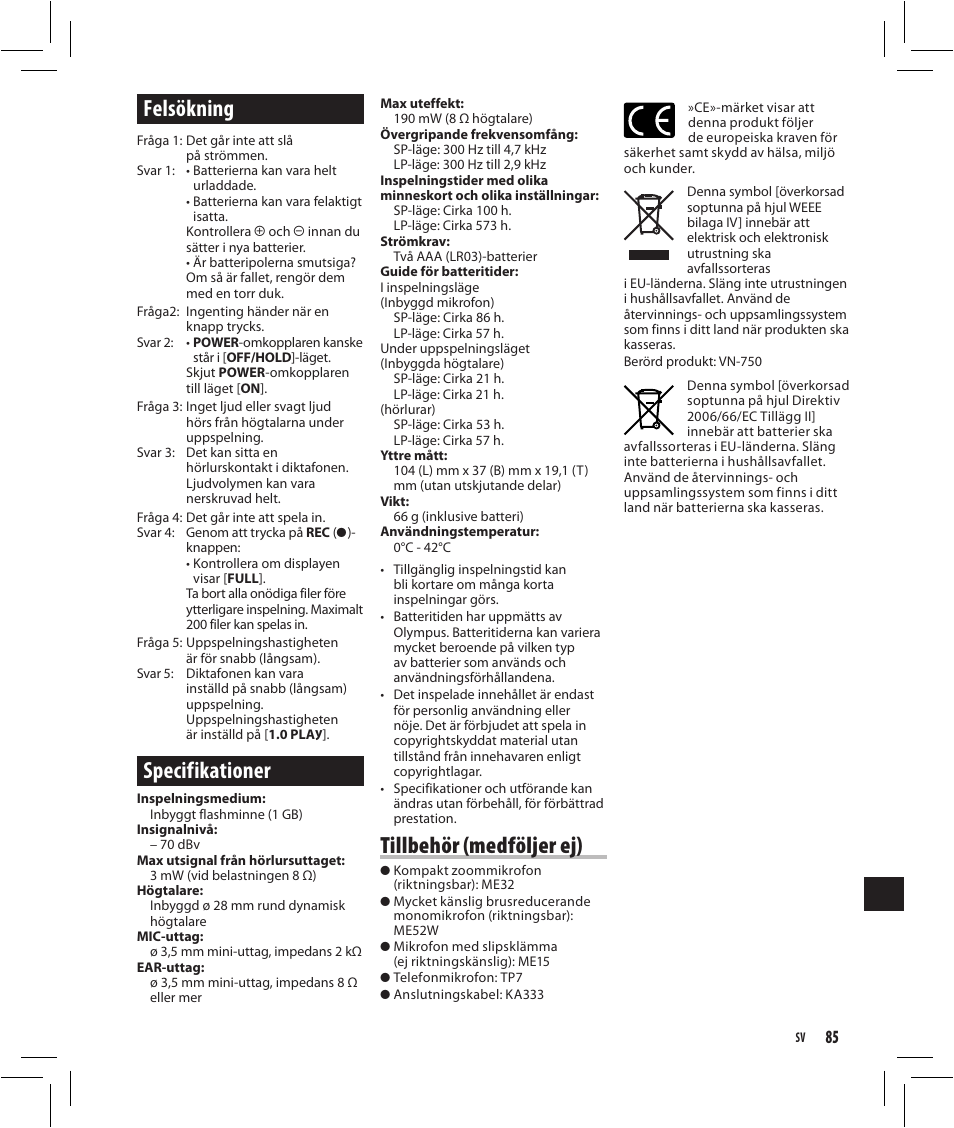 Felsökning, Specifikationer, Tillbehör (medföljer ej) | Olympus VN-750 User Manual | Page 85 / 92