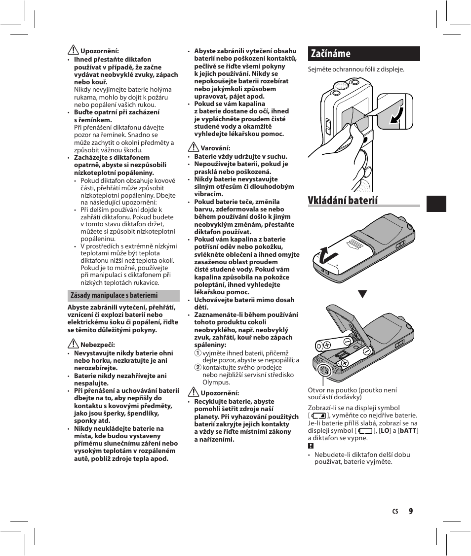 Začínáme, Vkládání baterií | Olympus VN-750 User Manual | Page 9 / 92