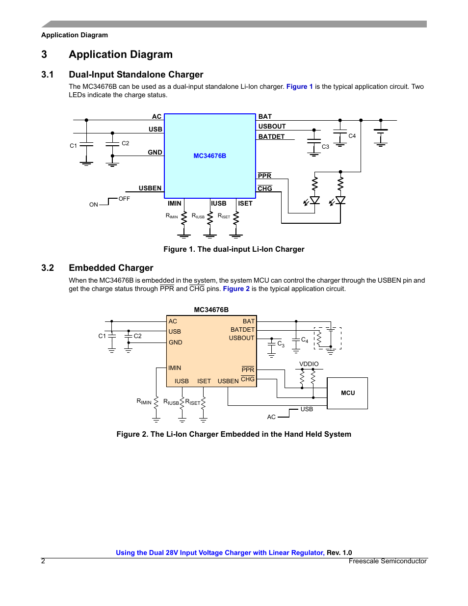 3 application diagram, 1 dual-input standalone charger, 2 embedded charger | 3application diagram | Garmin MC34676B User Manual | Page 2 / 14