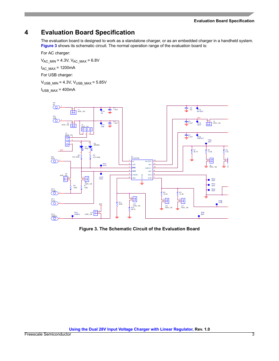 4 evaluation board specification, 4evaluation board specification, 3v, v | 8v i, 1200ma for usb charger: v, 85v i, 400ma, Ac_min, Ac_max, Usb_min | Garmin MC34676B User Manual | Page 3 / 14