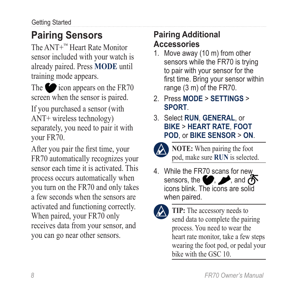 Pairing sensors | Garmin 70 User Manual | Page 10 / 48