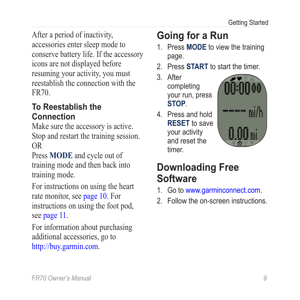 Going for a run, Downloading free software | Garmin 70 User Manual | Page 11 / 48