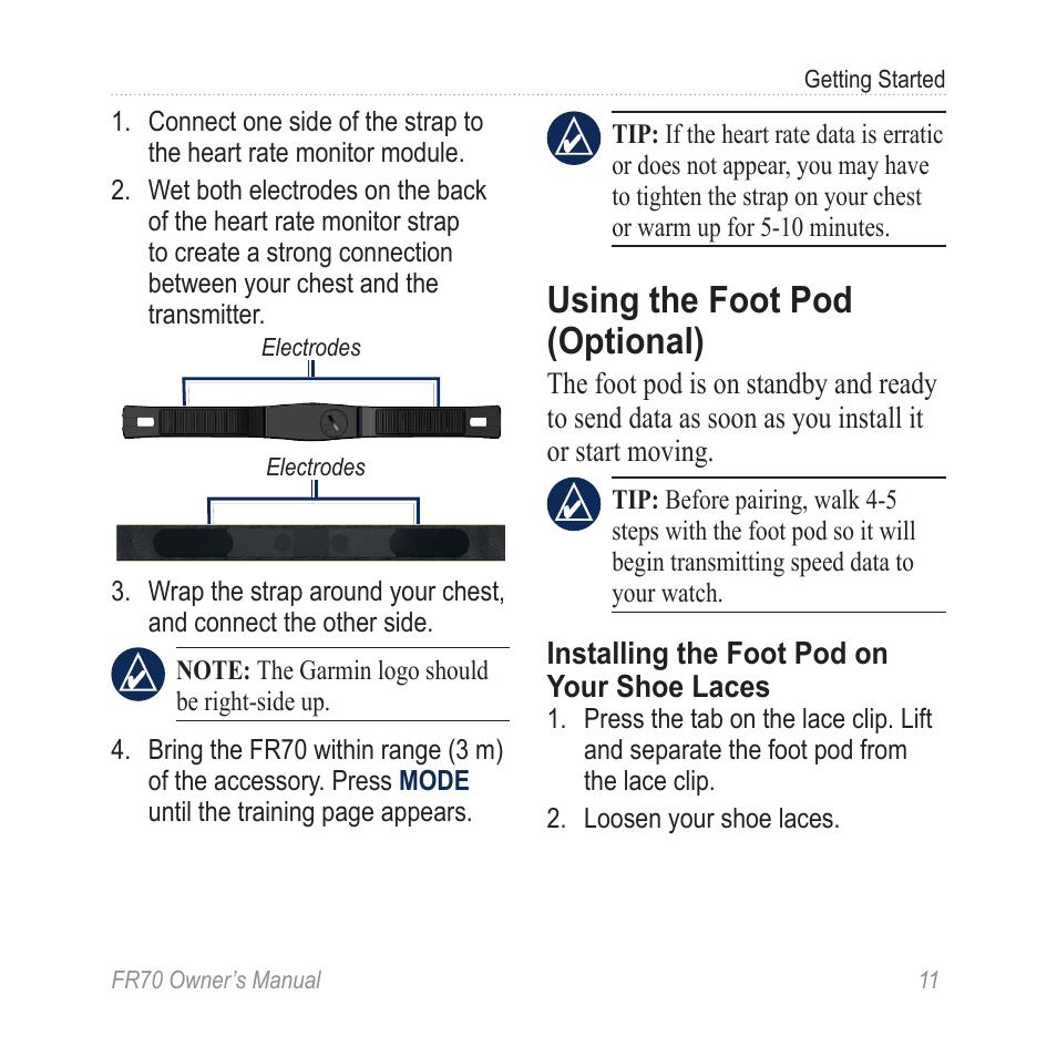 Using the foot pod (optional) | Garmin 70 User Manual | Page 13 / 48