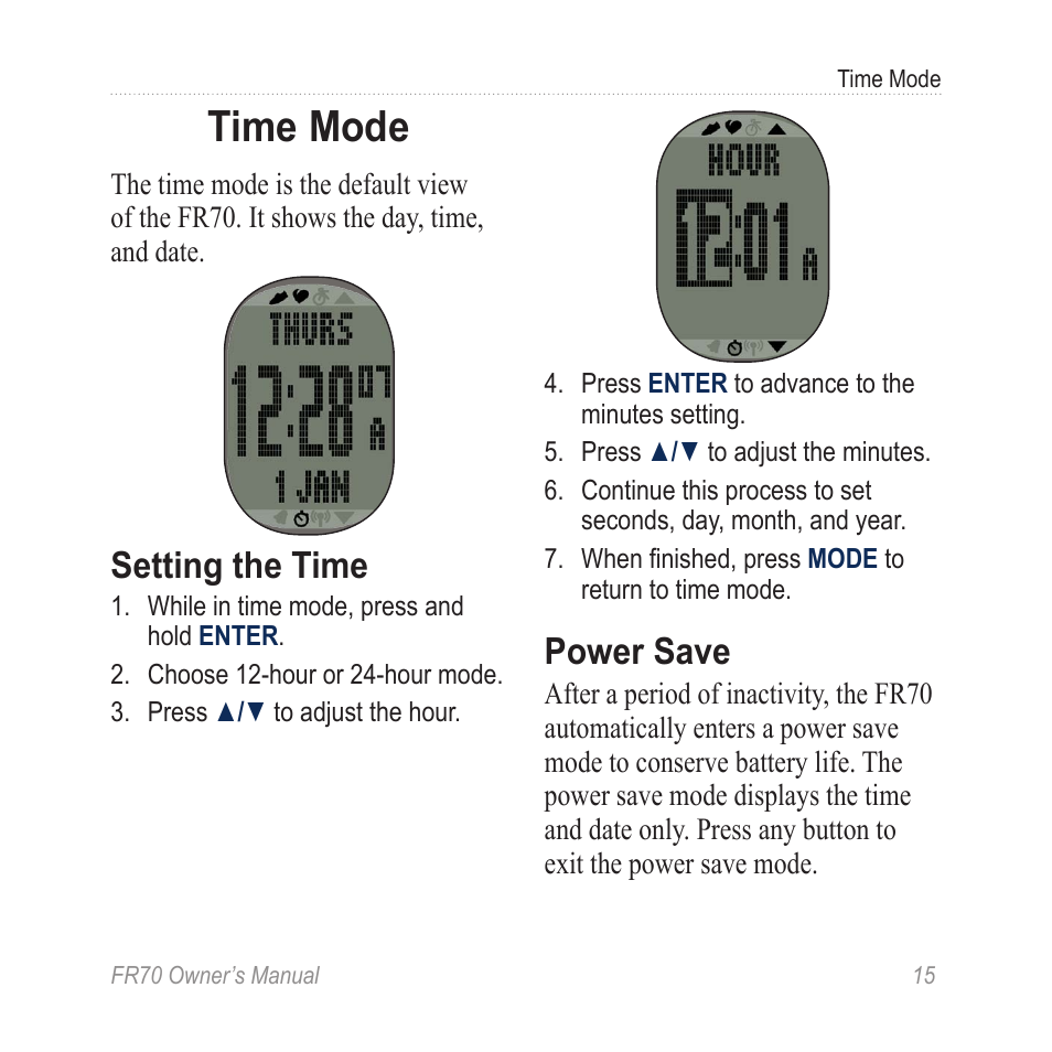 Time mode, Setting the time, Power save | Garmin 70 User Manual | Page 17 / 48