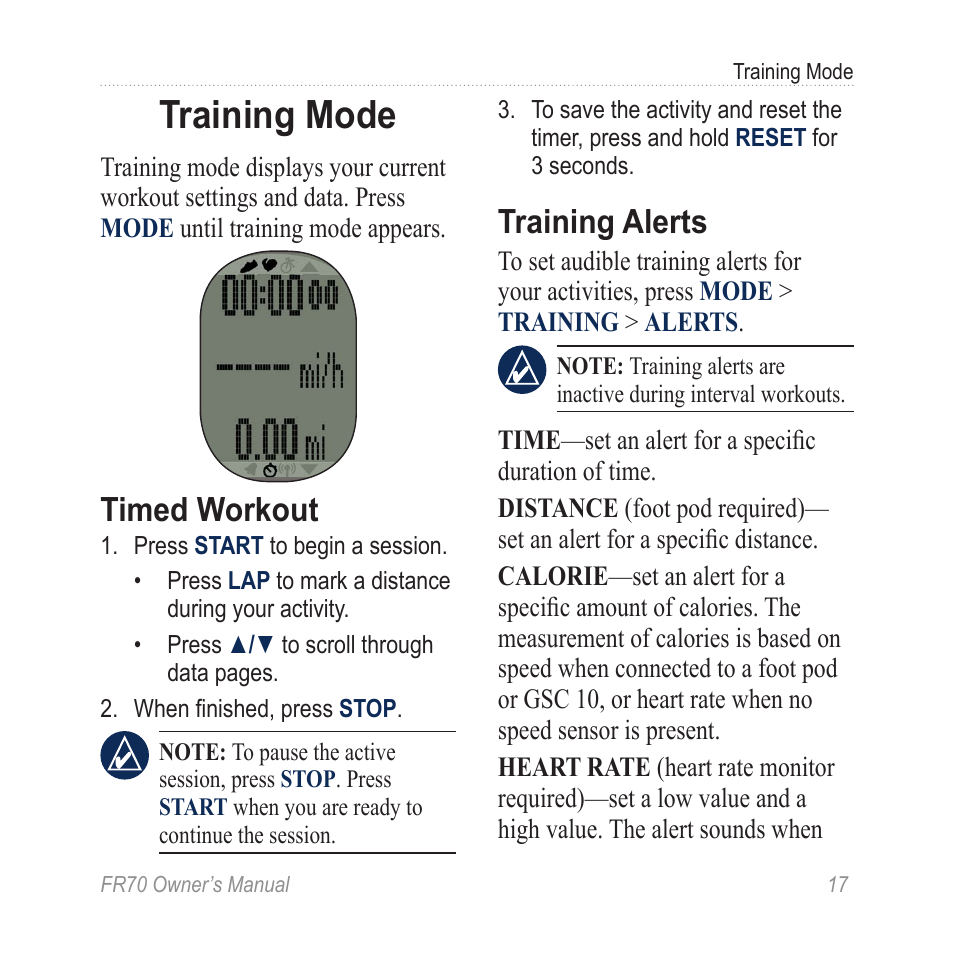 Training mode, Timed workout, Training alerts | Garmin 70 User Manual | Page 19 / 48