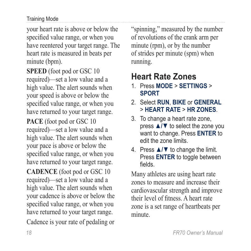 Heart rate zones | Garmin 70 User Manual | Page 20 / 48