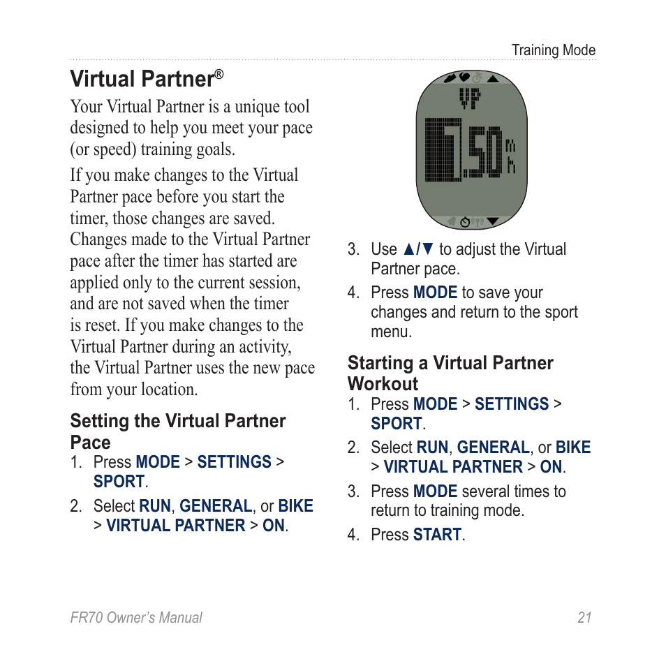 Virtual partner | Garmin 70 User Manual | Page 23 / 48