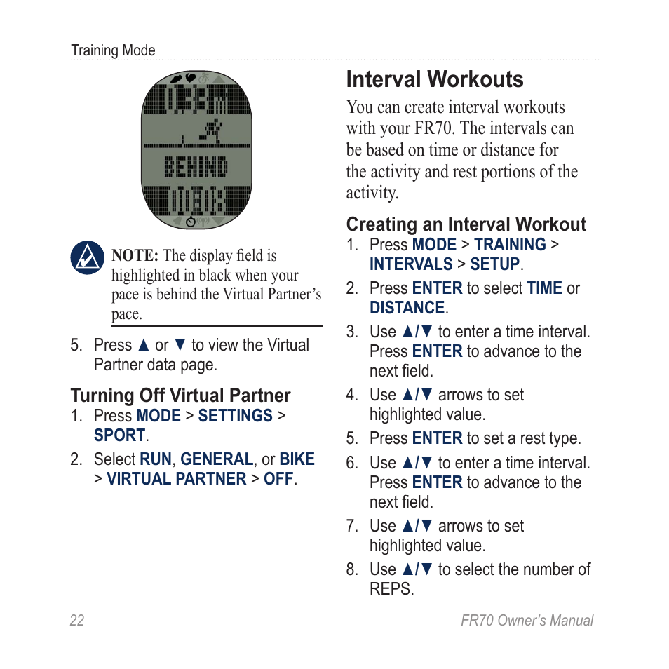 Interval workouts | Garmin 70 User Manual | Page 24 / 48