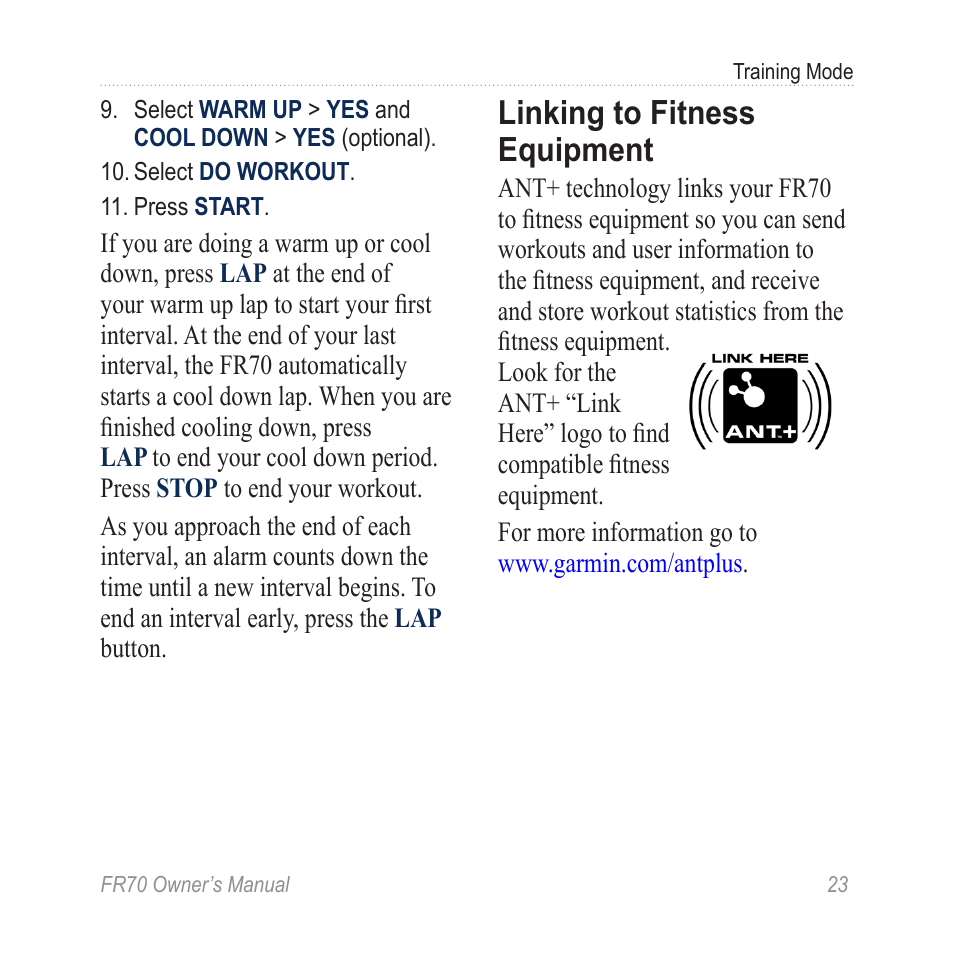 Linking to fitness equipment | Garmin 70 User Manual | Page 25 / 48