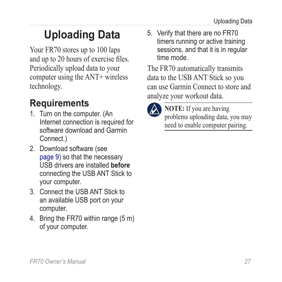 Uploading data, Requirements, Information about transferring | Garmin 70 User Manual | Page 29 / 48