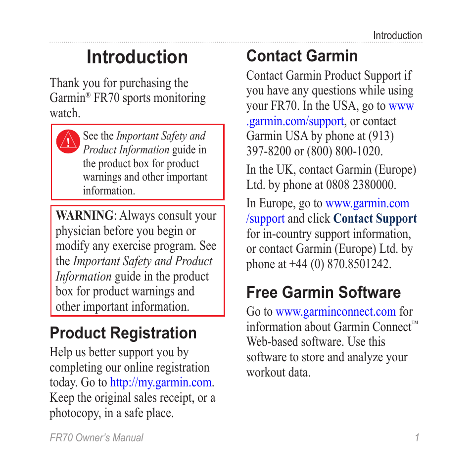 Introduction, Product registration, Contact garmin | Free garmin software | Garmin 70 User Manual | Page 3 / 48