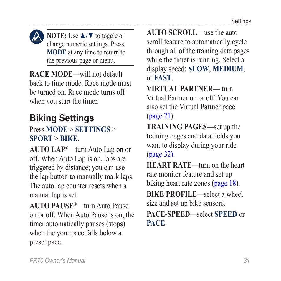 Biking settings | Garmin 70 User Manual | Page 33 / 48