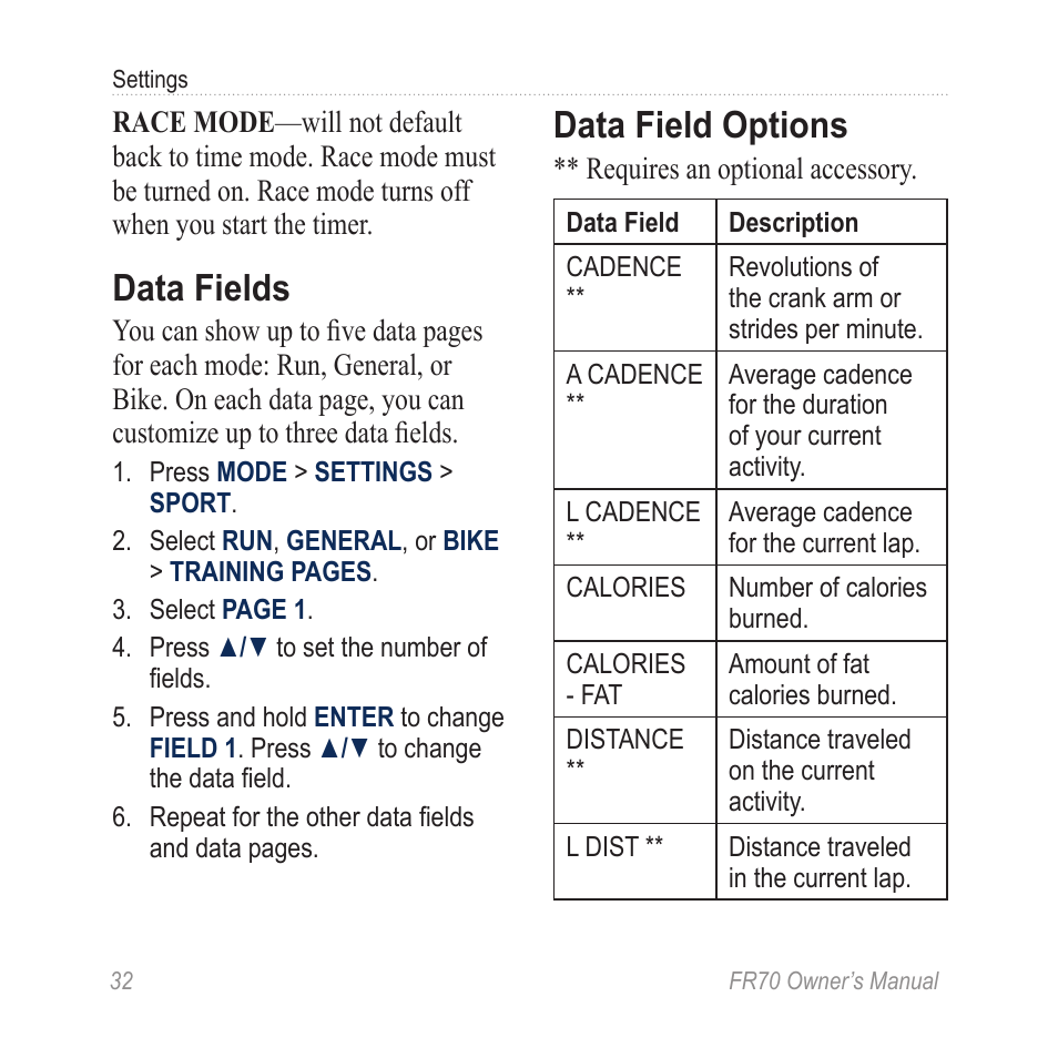 Data fields, Data field options | Garmin 70 User Manual | Page 34 / 48