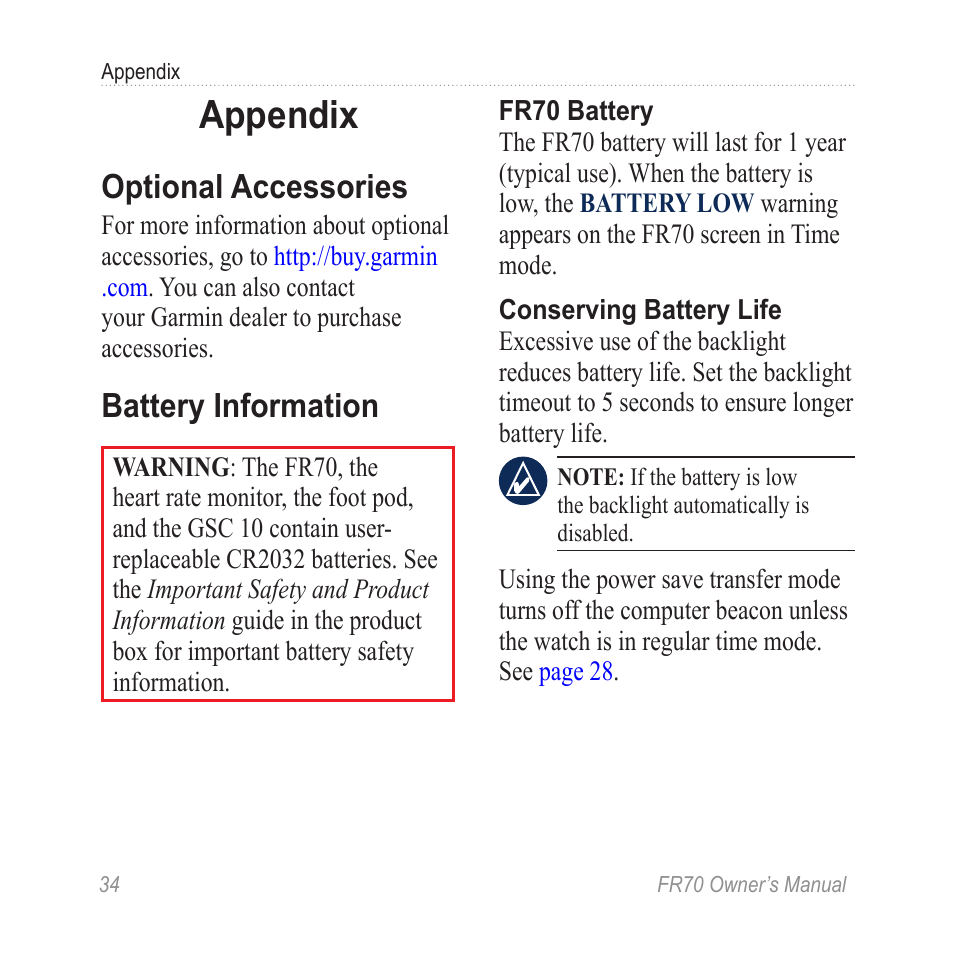 Appendix, Optional accessories, Battery information | Garmin 70 User Manual | Page 36 / 48