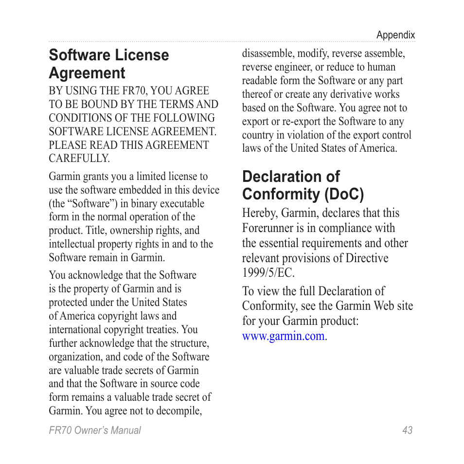 Software license agreement, Declaration of conformity (doc) | Garmin 70 User Manual | Page 45 / 48