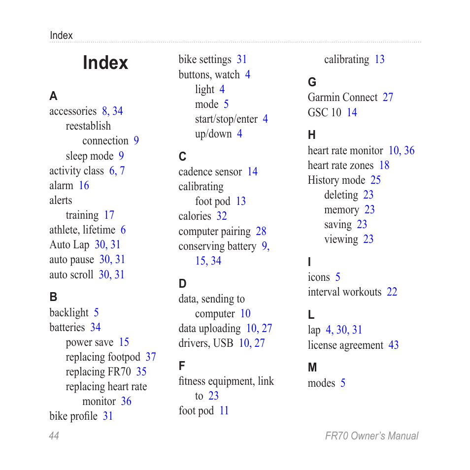 Index | Garmin 70 User Manual | Page 46 / 48