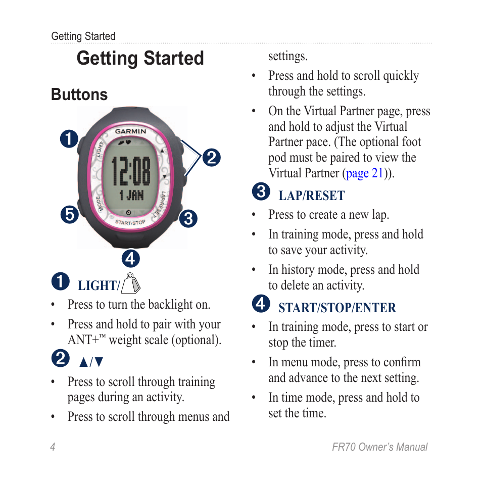 Getting started, Buttons | Garmin 70 User Manual | Page 6 / 48