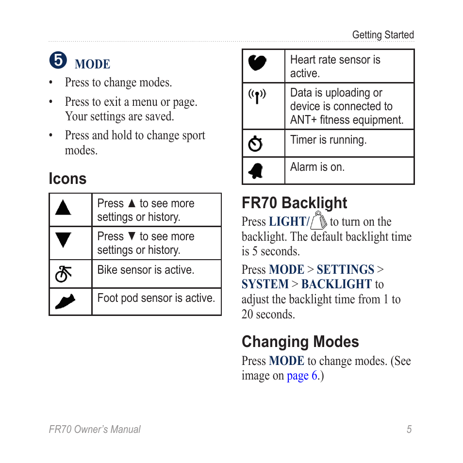 Icons, Fr70 backlight, Changing modes | Garmin 70 User Manual | Page 7 / 48