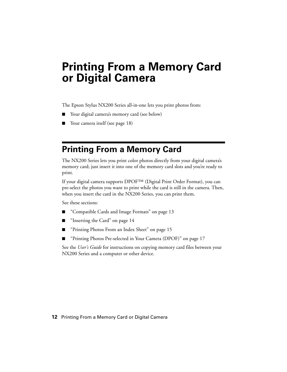 Printing from a memory card or digital camera, Printing from a memory card | Garmin STYLUS NX200 User Manual | Page 12 / 48