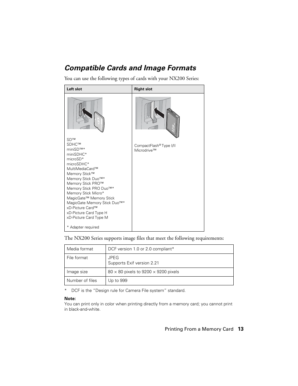 Compatible cards and image formats | Garmin STYLUS NX200 User Manual | Page 13 / 48