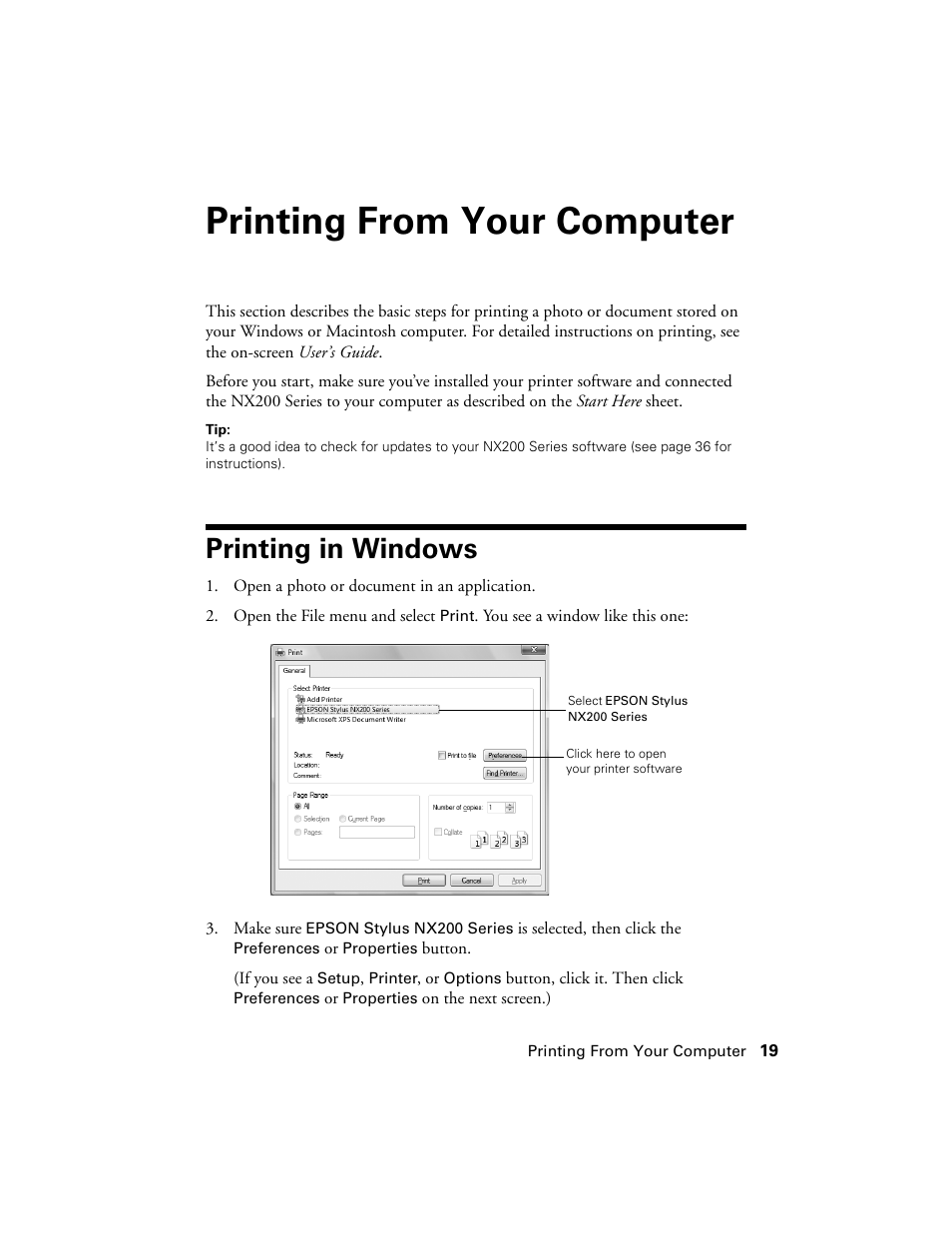 Printing from your computer, Printing in windows | Garmin STYLUS NX200 User Manual | Page 19 / 48