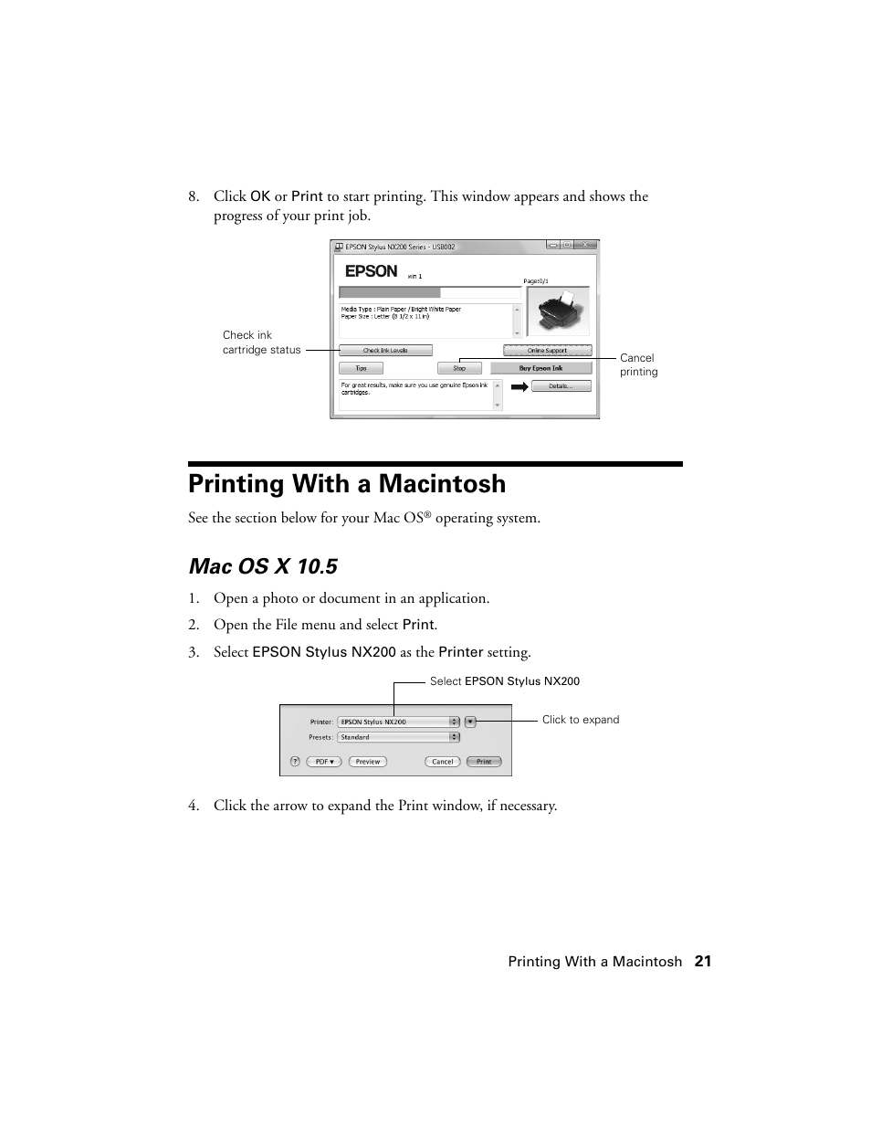 Printing with a macintosh, Mac os x 10.5 | Garmin STYLUS NX200 User Manual | Page 21 / 48