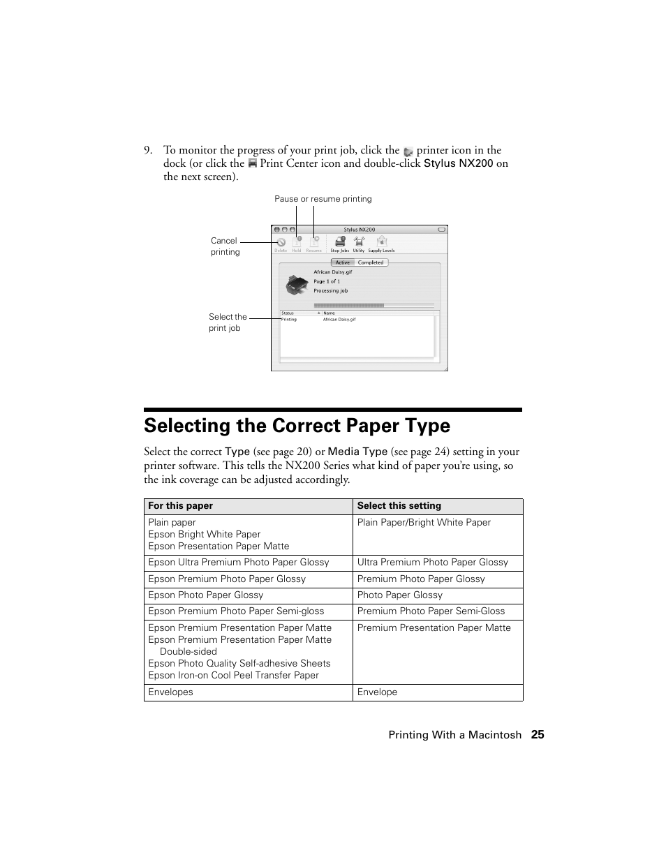 Selecting the correct paper type | Garmin STYLUS NX200 User Manual | Page 25 / 48