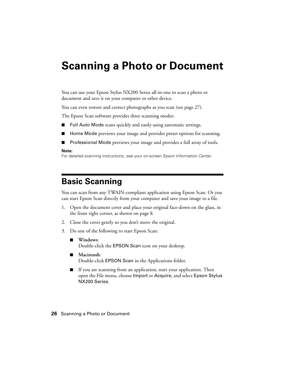 Scanning a photo or document, Basic scanning | Garmin STYLUS NX200 User Manual | Page 26 / 48